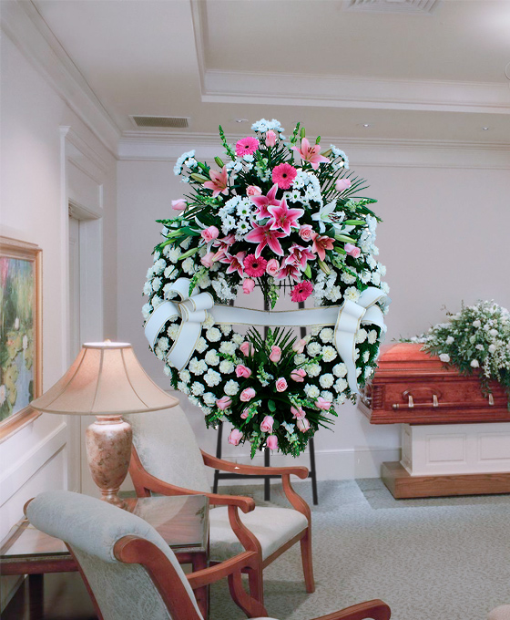Flores Blancas con Rosa para Difuntos en Hospitalet, Entrega urgente al Tanatorio, Enviar flores de Sepelio