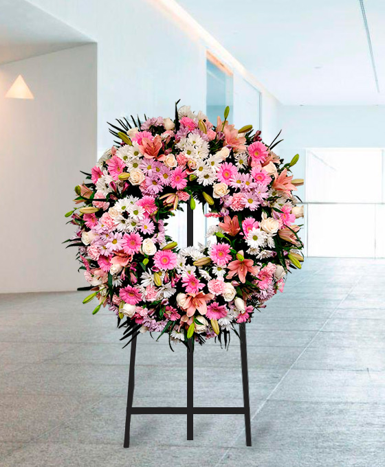 Corona Funeraria Flor Variada Mediana - Blanco / Rosa Entrega Urgente de Corona Funeraria para Difuntos en Hospitalet