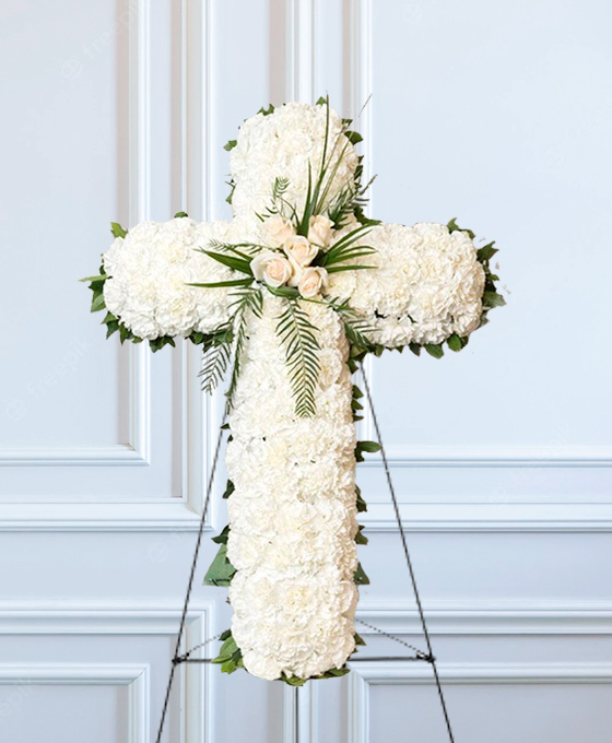 Cruz Funeraria de Flores Blancas para Difuntos en Hospitalet, Arreglos Florales